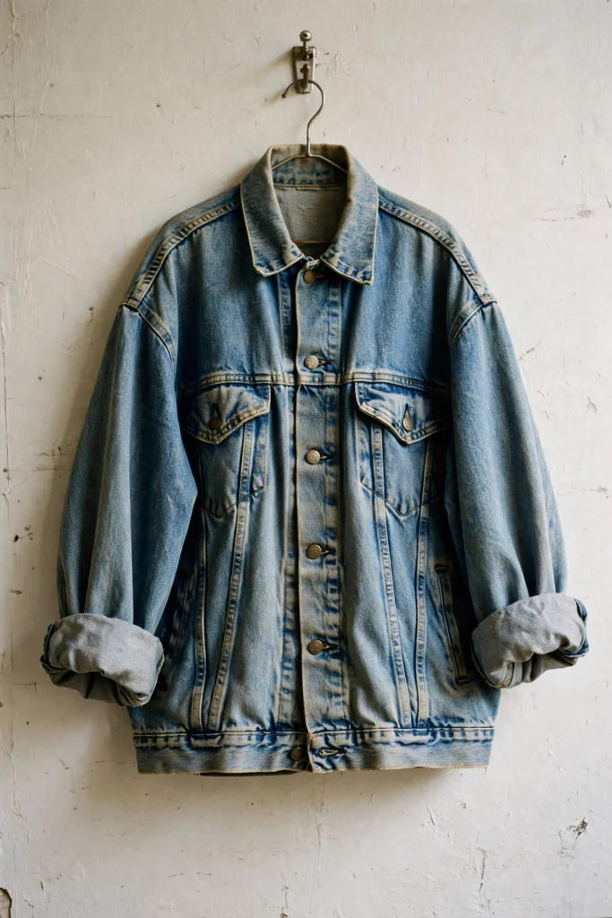 A classic oversized denim jacket with rolled sleeves hanging on a hook