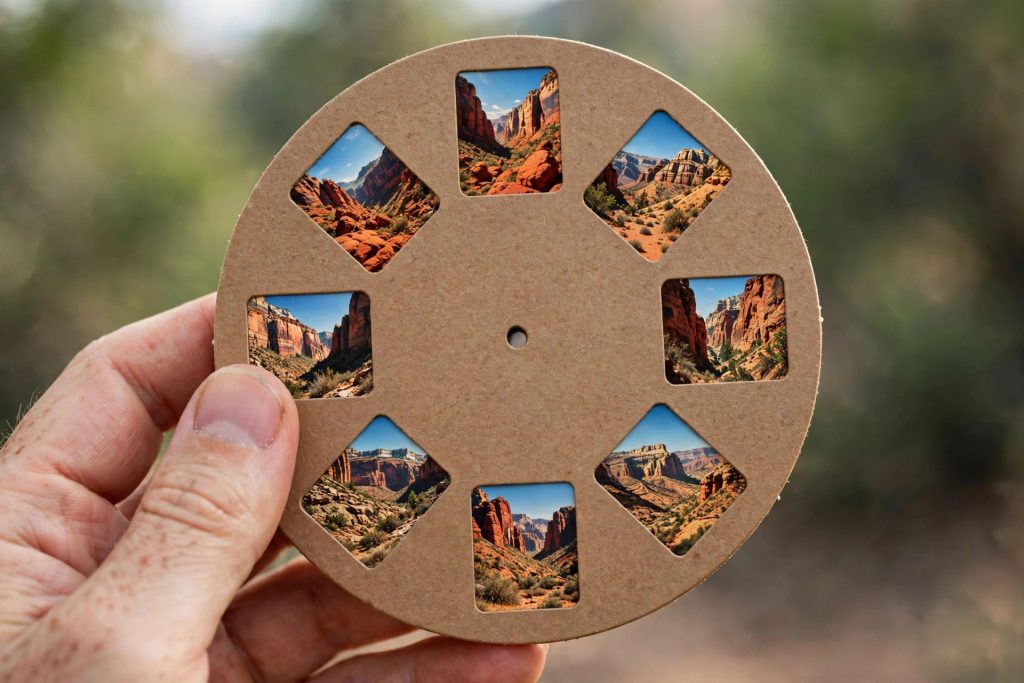Round View-Master reel with seven small colour film frames