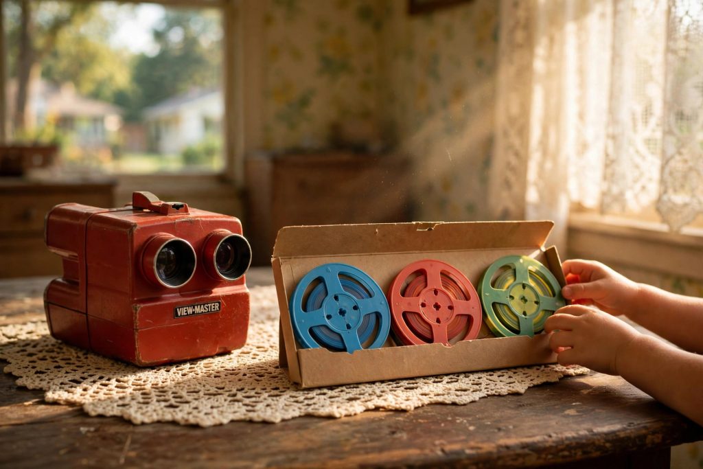 Red View-Master viewer with three colourful reels in a box on a table by a window