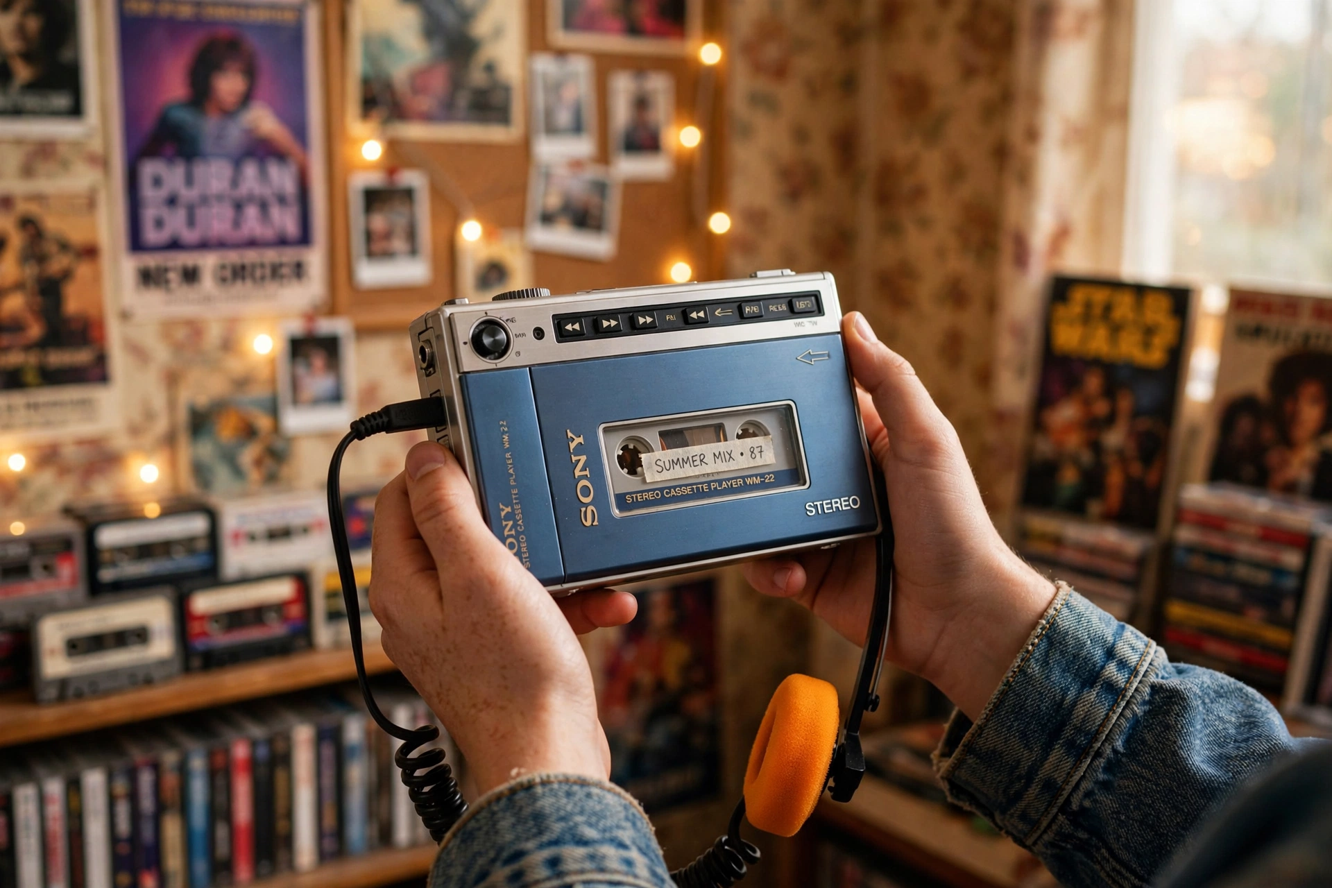Walkman history: hands holding a vintage 1980s Walkman cassette player with orange foam headphones