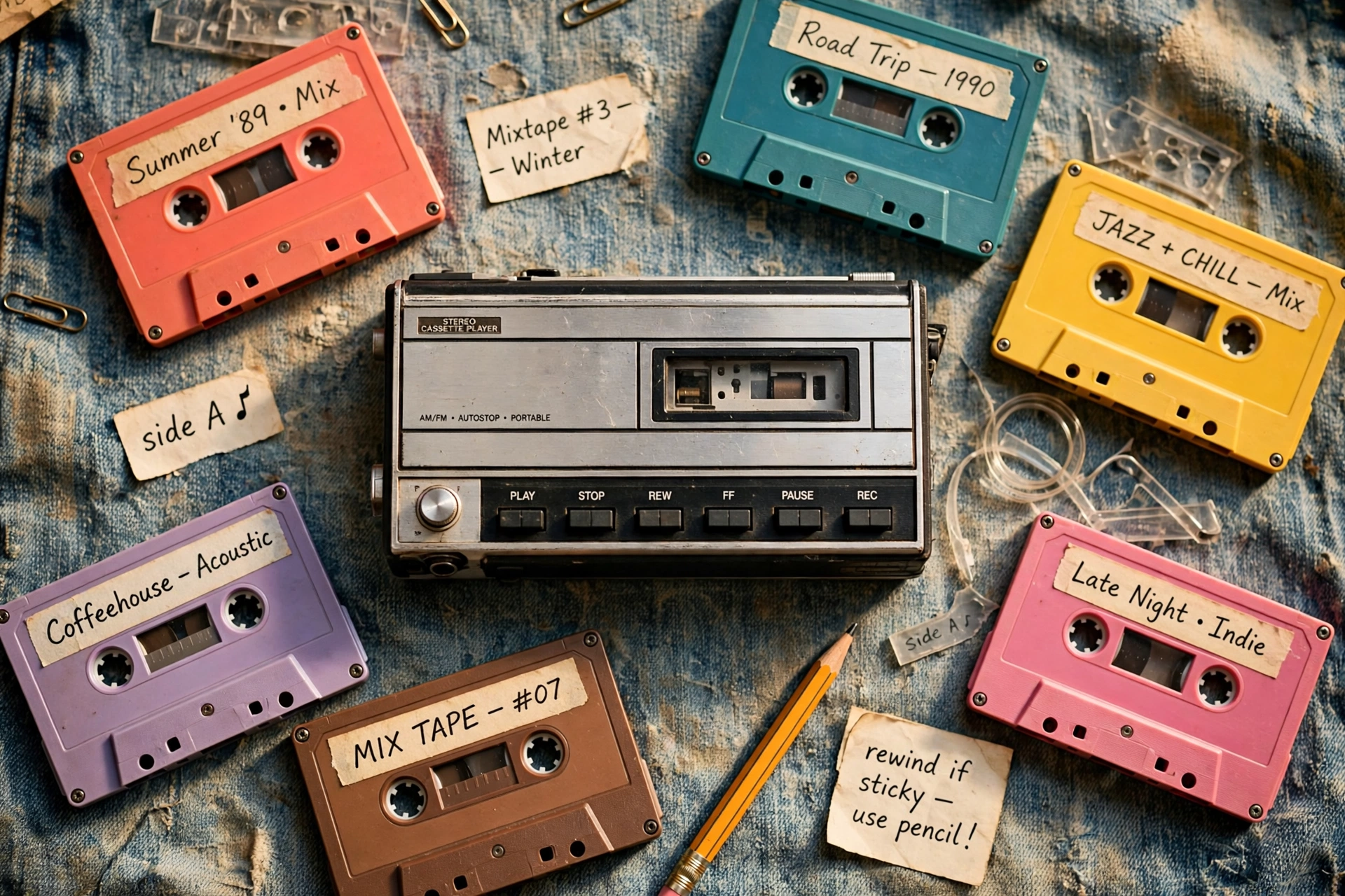 Vintage Walkman surrounded by colorful labeled cassette tapes on denim